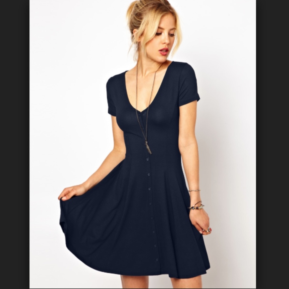 Asos navy swing skater button short sleeve dress 0